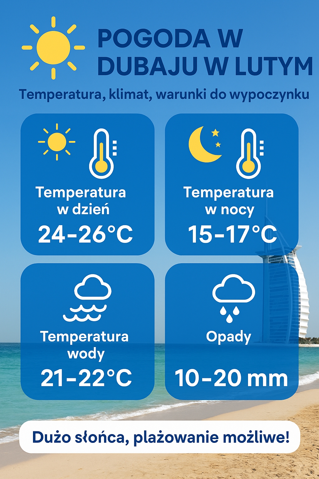 Pogoda w dubaju w lutym - temperatura w dzień, temperatura w nocy, temperatura wody, opady w dubaju