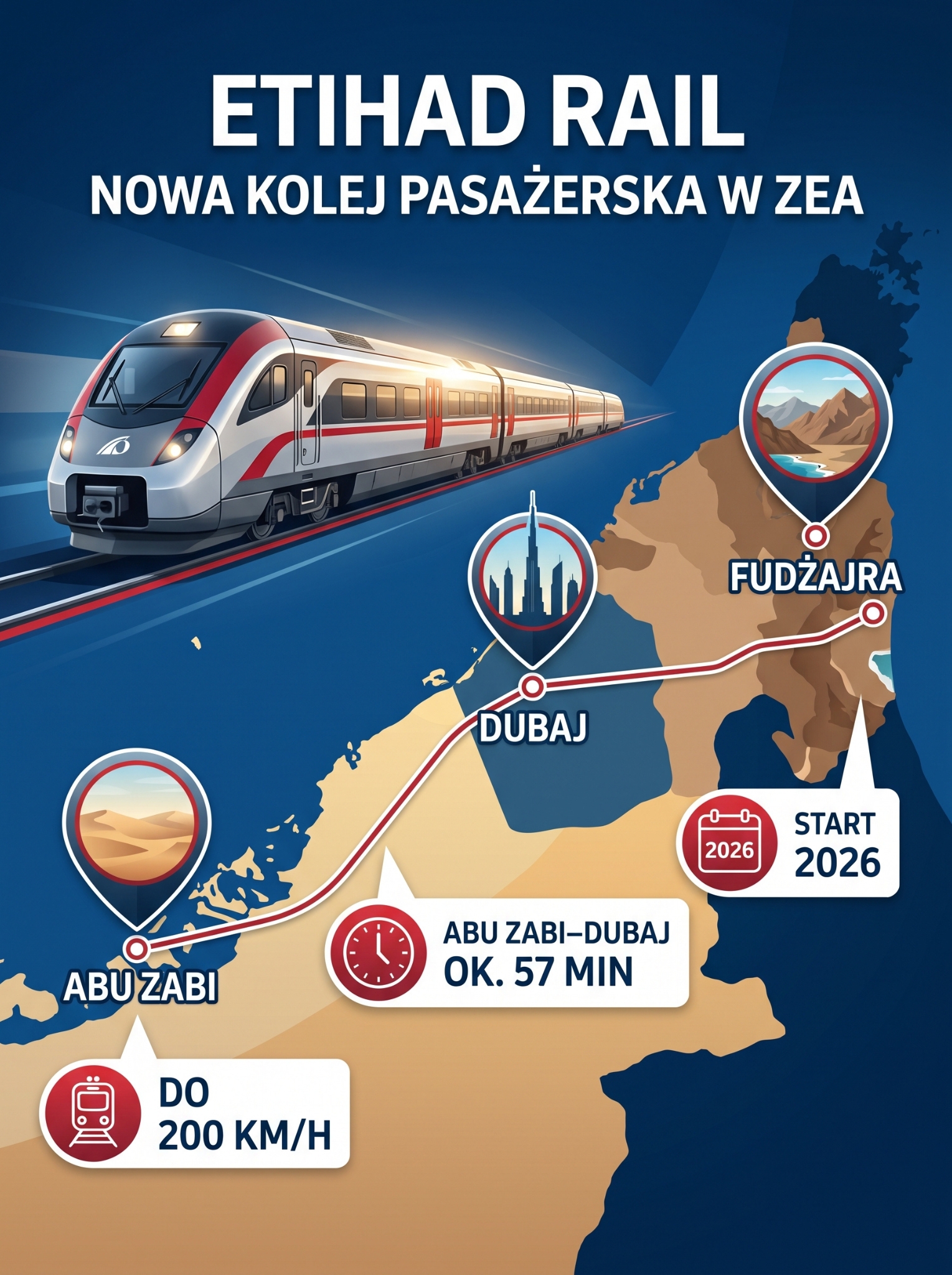 Etihad Rail – trasy, stacje i start pociągów w ZEA